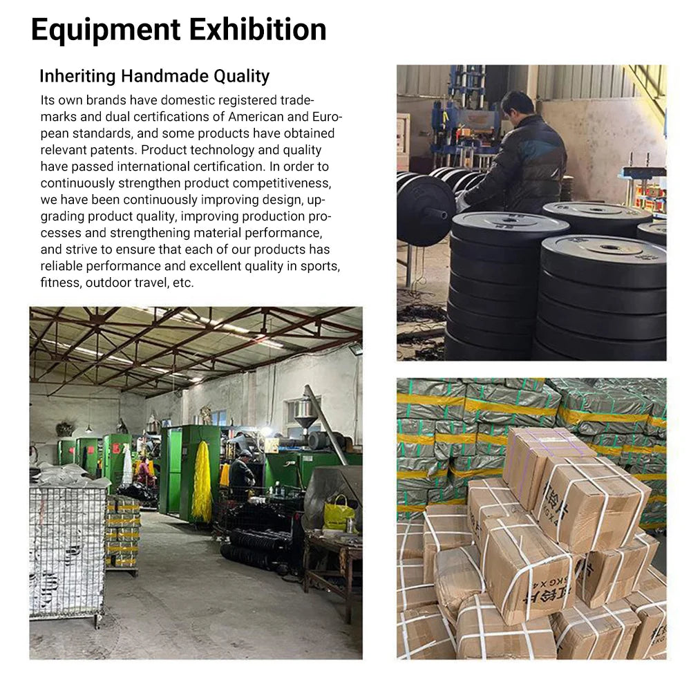 Promotional poster titled Equipment Exhibition: Left side highlights handmade quality, competitive edge, and international certifications. Right side features a person using the Self-starting Gyro Ball Wrist Trainer for Strength next to stacked weights, advanced machinery, and boxed products.