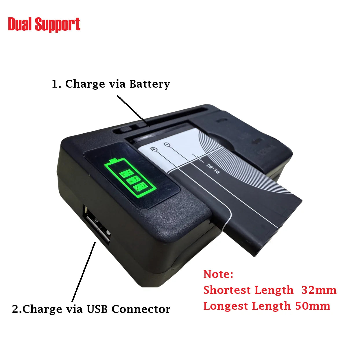 The YIBOYUAN Universal USB Battery Charger features an LCD display, Smart Charging Technology, and charges rectangular batteries from 32mm to 50mm via battery or USB.