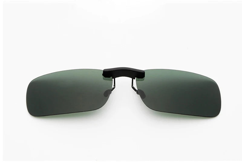 The Honey Joe Polarized Clip-On Sunglasses feature a black bridge and dark green rectangular lenses, providing superior UV400 eye protection. Set against a plain white background, they combine style with safety.