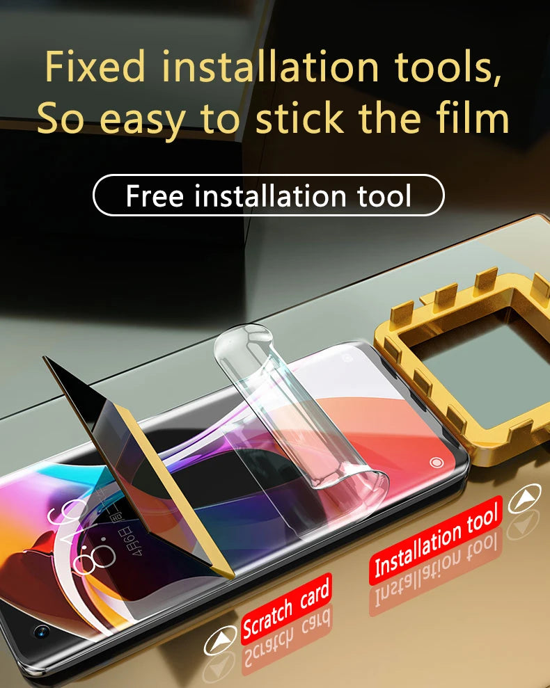 The MAOSENGUOJI Privacy Screen Protector installation kit for VIVO IQOO 12 Pro includes a transparent protector with Anti Blue-ray technology, a yellow installation frame, and a scratch card. The background shows the VIVO IQOO 12 Pros screen being applied. Text states: Fixed tools: Easy film application.