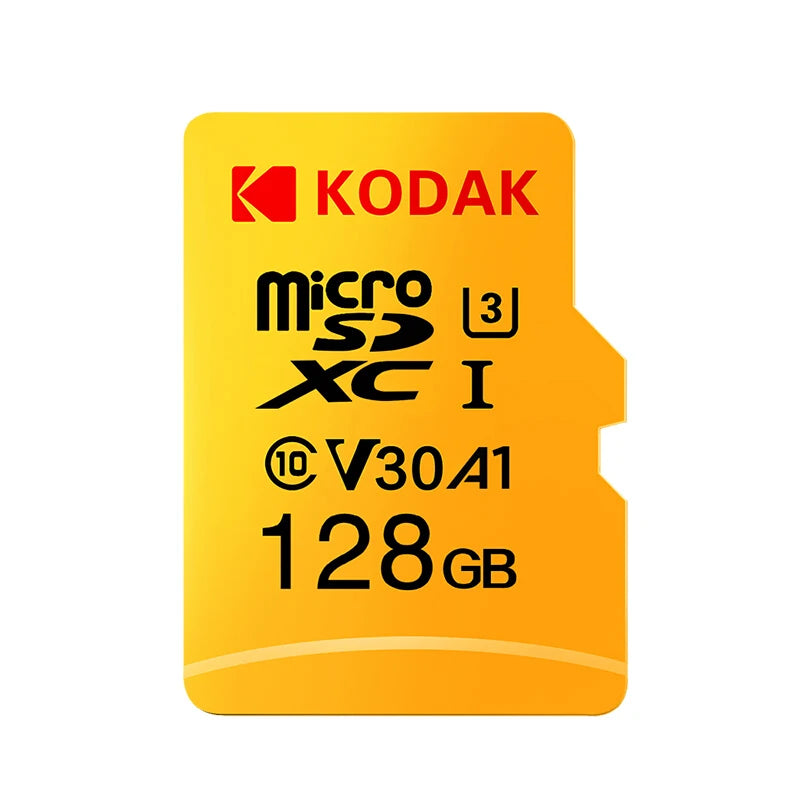 The KODAK 128GB Micro SD Card - Class 10 delivers high-speed storage in a yellow design, marked with UHS-I, U3, V30, and A1 ratings for impressive speed and performance.
