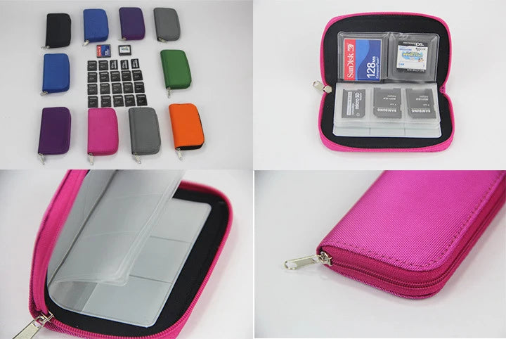 A collage shows the NoEnName Memory Card Collect Bag - 22 Slot Organizer Case in pink, green, purple, gray, black, orange, and blue. Interiors display slots for SD/microSD cards; one water-repellent case holds several cards.