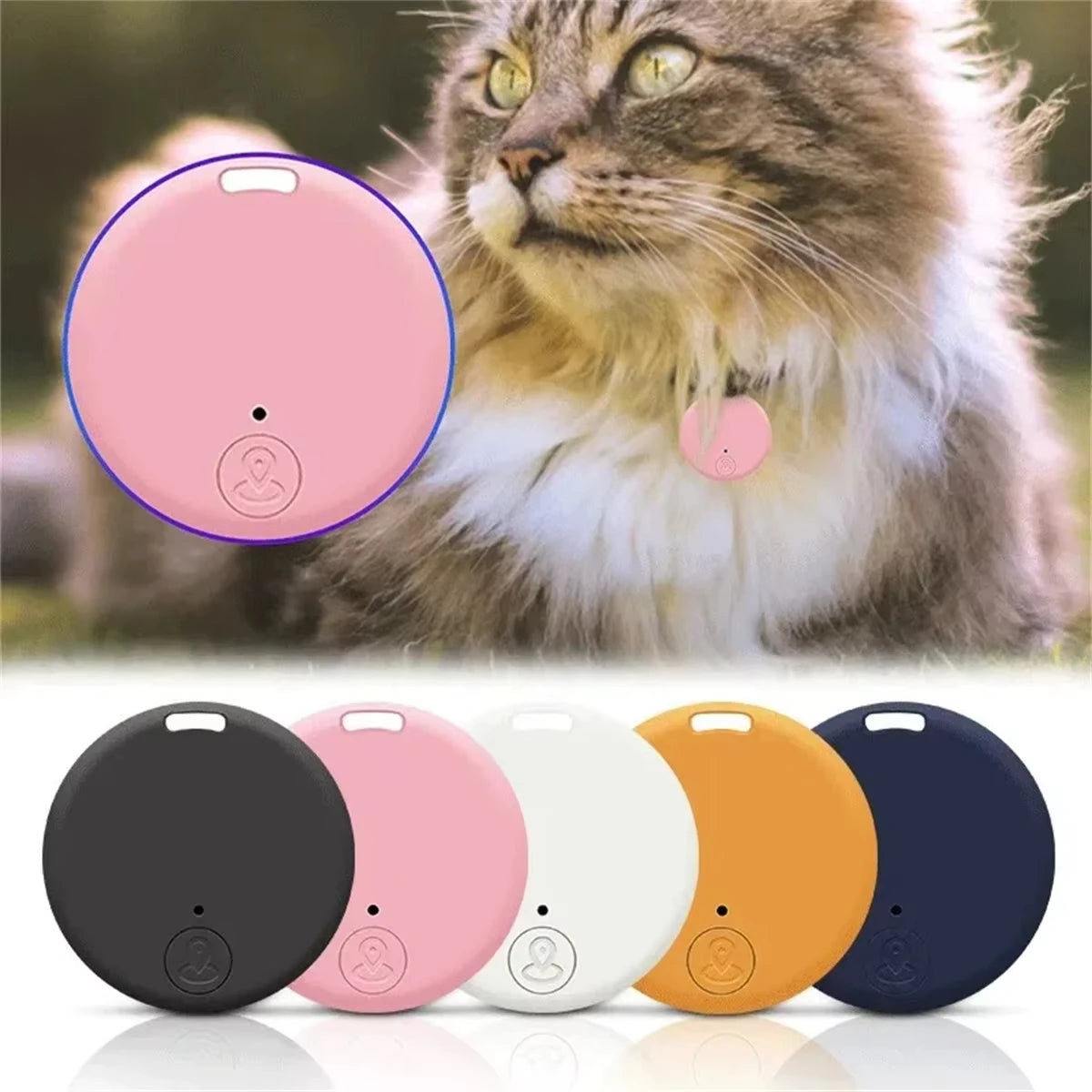 A fluffy cat wears a round pink Mini Bluetooth GPS Tracker on its collar. Below, five of these Smart Locators are displayed in black, pink, white, orange, and navy blue.