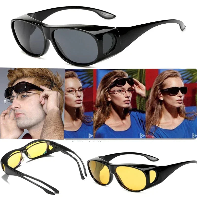 Collage featuring MOKDUFF Polarized Sunglasses, wrapped around fit-over glasses. Images highlight UV400 protection with stylish black and yellow lenses. Black sunglasses sit above yellow ones on a white background, showcasing fit and style.