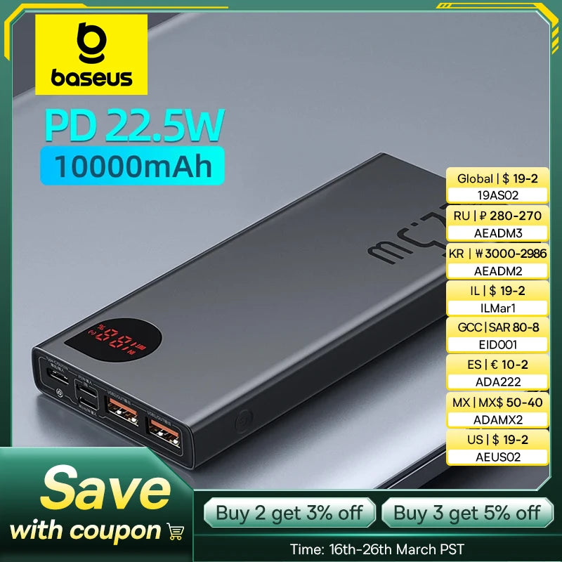The Baseus 10,000mAh Power Bank with Digital Display offers fast charging through multiple USB ports and displays charging status. It features a sleek black design, 22.5W power delivery, and discounts available during the promo from March 16th to 26th PST.