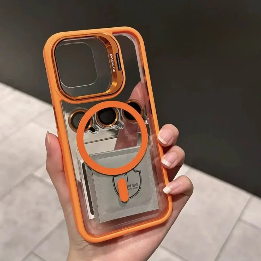 Luxury Magnetic Shockproof iPhone Case with orange frame and lens protection in hand