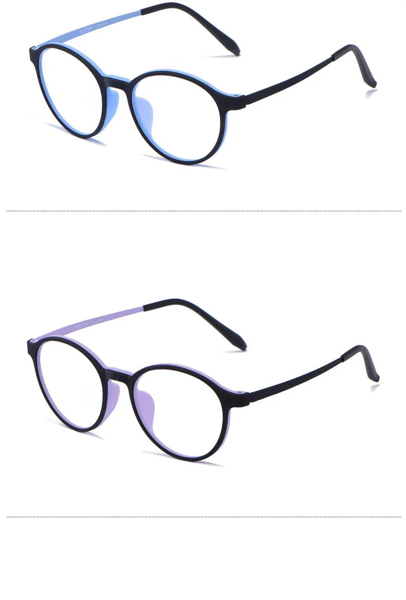 Two pairs of OUTMIX Pure Titanium glasses with round frames: one pair has blue-tinted lenses, the other purple-tinted. Both feature a lightweight design and slender temples, perfect for reducing blue light. Free shipping included!.