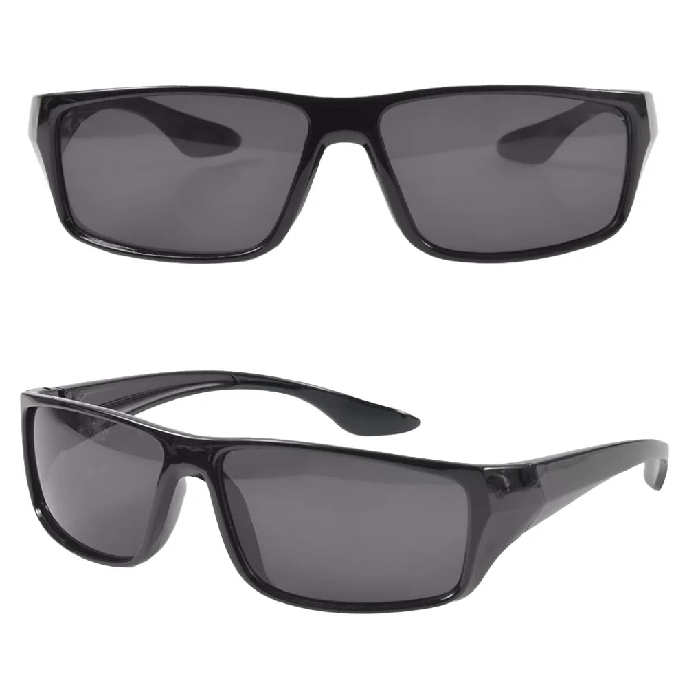 Two views of black rectangular Anti-Glare Night Vision Goggles with dark lenses: the top view showcases the front, and the lower view illustrates a side angle. The frames provide UV400 protection and feature glossy, wide arms for enhanced support, ensuring clear visibility day or night.