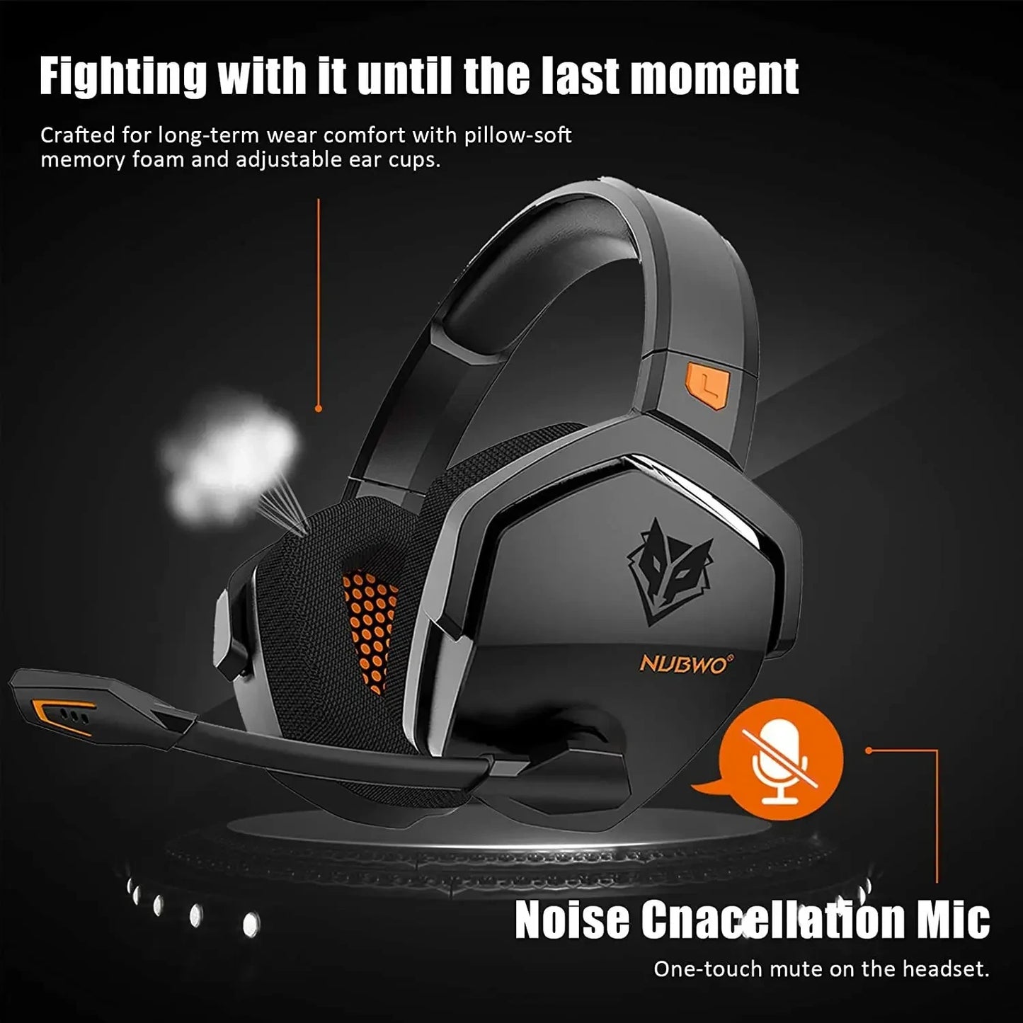 The NUBWO G06 Dual Wireless Headset, showcasing a sleek black and orange design, offers memory foam comfort for long wear, an active noise-cancelling mic, and a handy mute button. The iconic owl logo of the brand is prominently displayed.