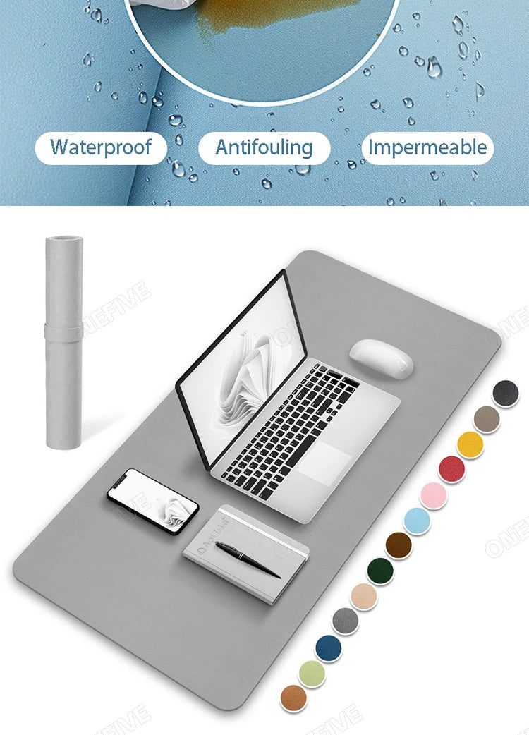 The AIPHY Large PU Leather Mouse Pad, in gray, stylishly holds a laptop, smartphone, notebook, and mouse. Its waterproof and antifouling design suits any setting. A rolled version and various color options are also displayed.