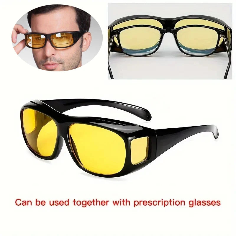 The NoEnName Night Vision Glasses feature a black wrap-around design with yellow lenses for driving. An inset shows them worn over prescription glasses. Text: Compatible with prescription glasses, providing anti-glare night vision capabilities.