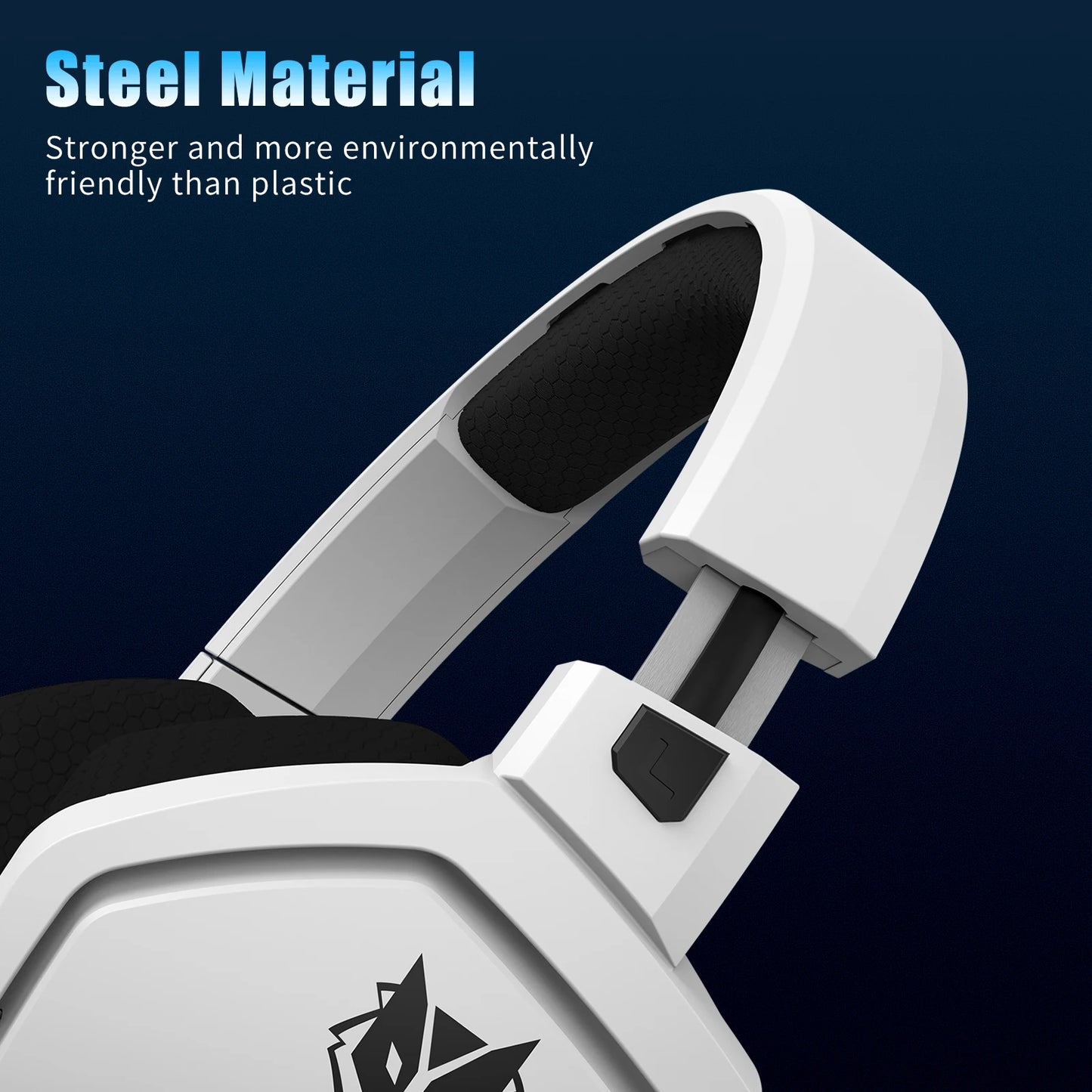 Close-up of the white NUBWO G06 Dual Wireless Headset with a black inner pad and active noise cancelling. Text reads: Steel Material: Stronger and eco-friendlier than plastic, on a dark blue background.