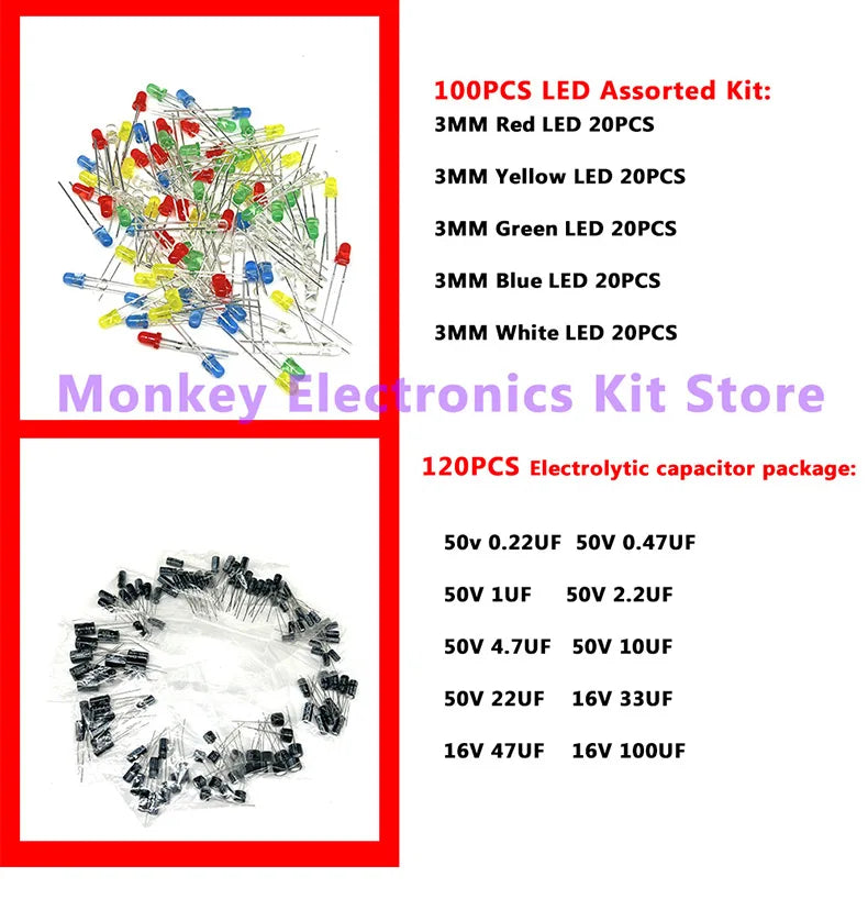 Advertisement image for a DIY mobile repair kit featuring 100 assorted 3mm LEDs (red, yellow, green, blue, white) and 120 electrolytic capacitors of varying specs. Text: Monkey Electronics Kit Store: Your 6-in-1 Component Kit Solution. Product: NoEnName_Null 6-in-1 Component Kit for Mobile Repairs.