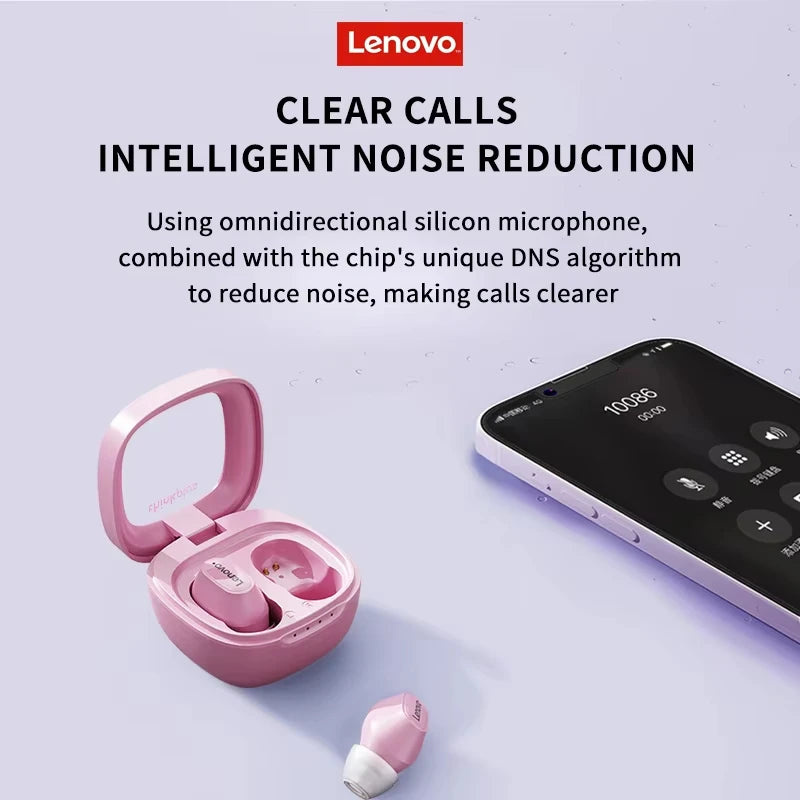 The Lenovo XT62 Bluetooth Earphones in pink feature an open charging case beside a smartphone. With a silicon microphone and DNS algorithm, enjoy clear calls and intelligent noise reduction. Bluetooth V5.3 ensures seamless audio, embossed with the Lenovo logo, for a refined listening experience.