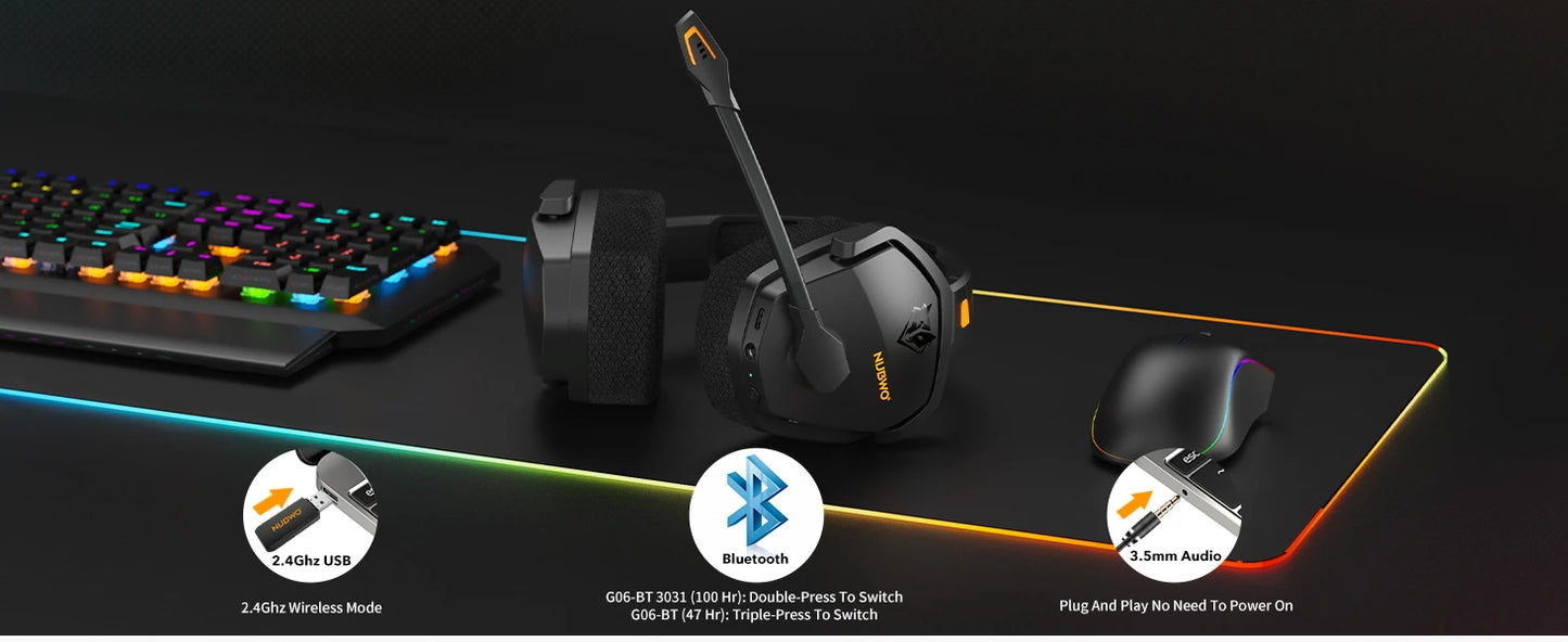 A black NUBWO G06 Dual Wireless Headset with active noise canceling rests on an RGB mouse pad beside a gaming mouse and colorful backlit keyboard. Icons show connectivity options: USB, Bluetooth, and 3.5mm audio jack, featuring dual wireless capability.