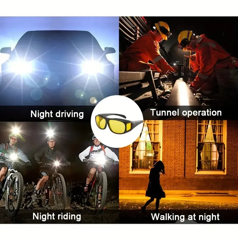 Collage of four images: a car with bright headlights (night driving), two workers inspecting a pipe (tunnel operation), three cyclists with headlamps (night riding), and a person walking on a sidewalk (walking at night). Central image of NoEnName Night Vision Glasses - Anti-Glare Driving.