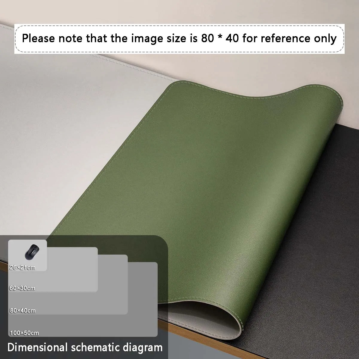 A green and black AIPHY Large PU Leather Mouse Pad, stylish and waterproof, is partially rolled on a table. The diagram shows sizes: 26x21cm, 60x30cm, 80x40cm, and 100x50cm. The pad displayed for reference measures 80x40cm.