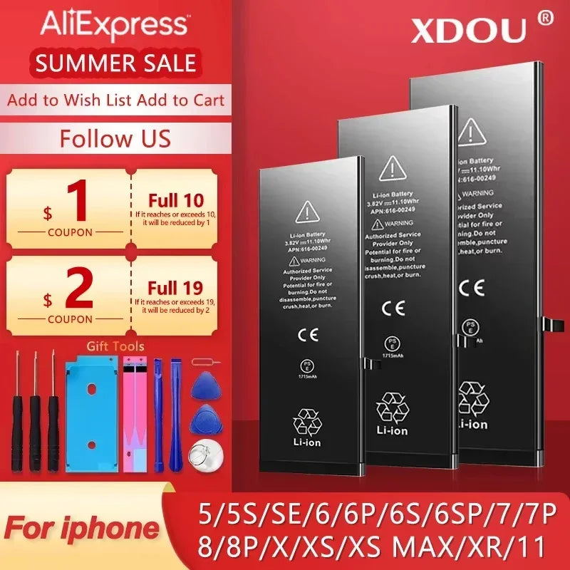 AliExpress summer sale promo by XDOU features Zero-Cycle Batteries for iPhone SE 5-11 Pro. Includes coupons and free tools like screwdrivers and pry tools. The vibrant red background emphasizes discounts and improved battery life.