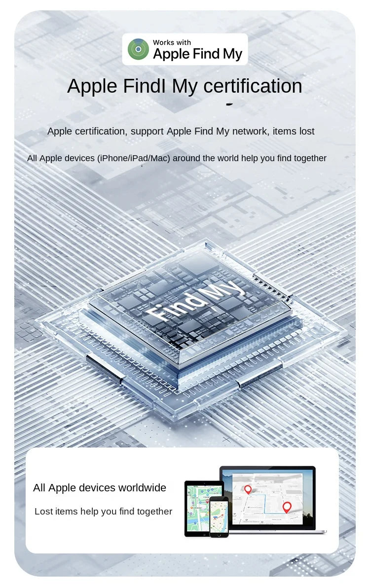 A digital depiction of a microchip labeled NoEnName GPS Tracker shows circuit patterns. Text emphasizes Apple Find My certification, supporting item tracking via the Find My App and connecting globally with all Apple devices. Images include iPhone, iPad, and MacBook.