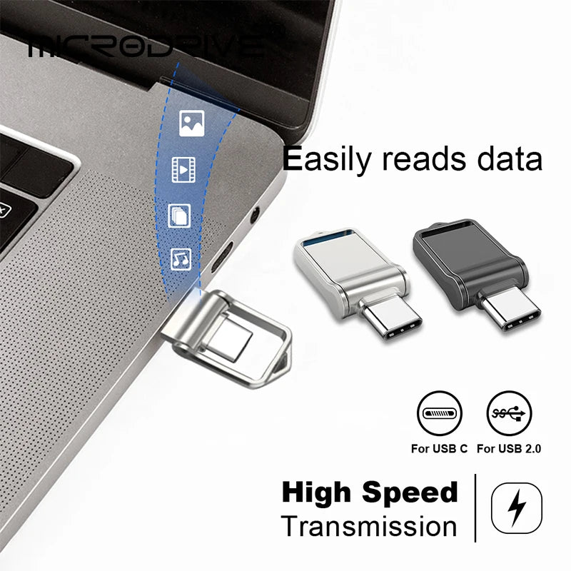 A MicroDrive Mini USB 2.0 Flash Drive - 64GB is plugged into a laptop, efficiently reading data. Text highlights its fast transmission and compatibility with USB-C and USB 2.0, while icons showcase its impressive storage capabilities of 64GB and 32GB.