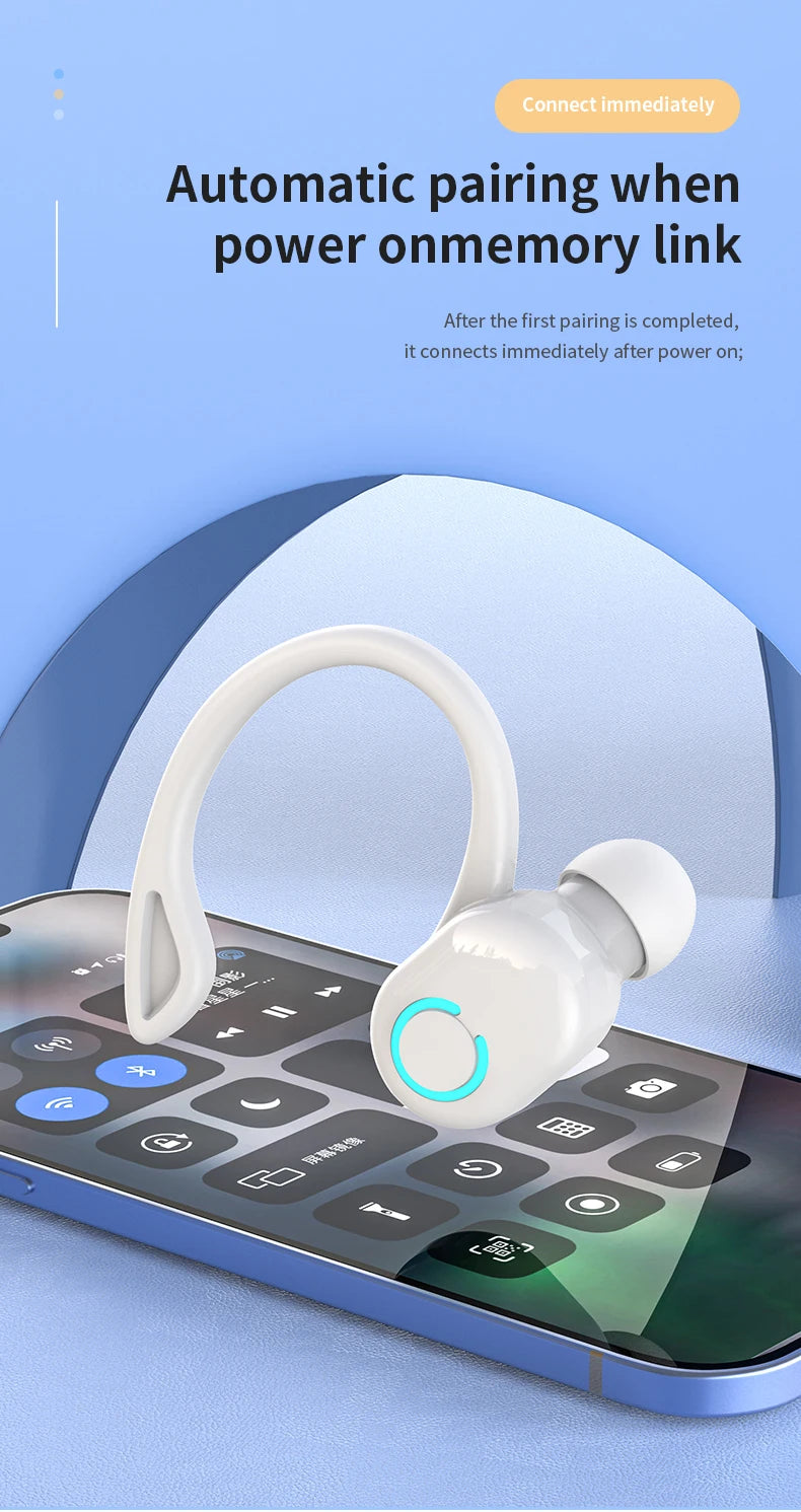 The VAORLO Bluetooth 5.2 Mini Headphone, showcased on a smartphone screen, features a hook design and offers automatic pairing with Bluetooth 5.2 for instant connectivity. It has waterproof and noise-canceling capabilities, with a blue and white tech-focused aesthetic.