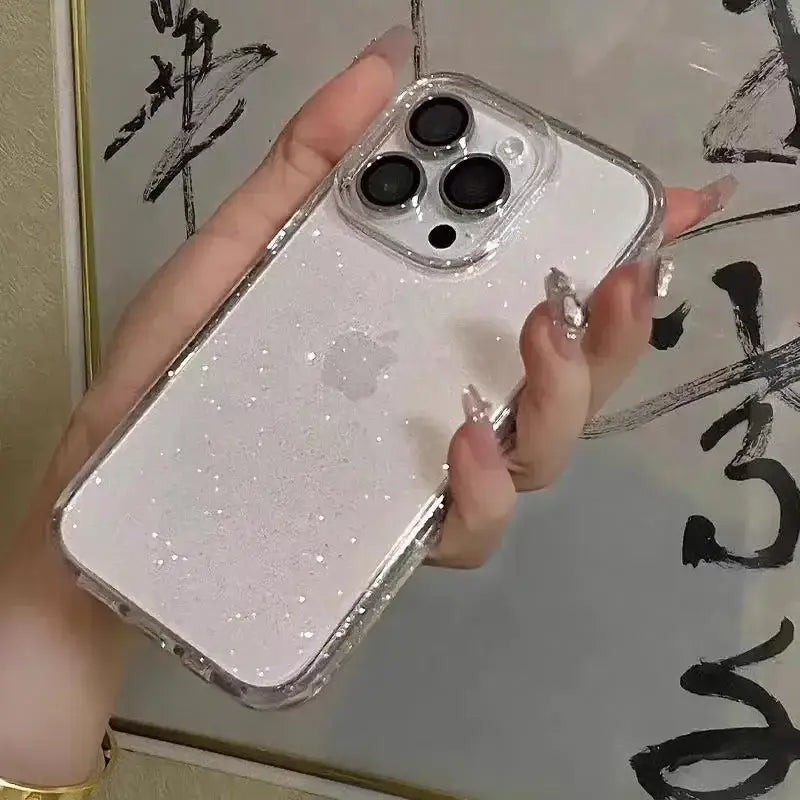 Luxury Bling Glitter Clear Phone Case on iPhone Pro Max held in hand showcasing sparkling design and transparent protection.