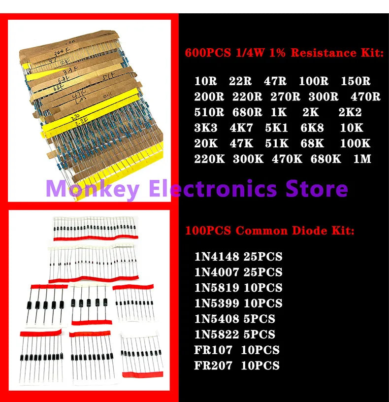 Image of 6-in-1 Component Kit for Mobile Repairs, with resistors and diodes. The kit includes a 600-piece resistor set with diverse values and a 100-piece diode set with various models. Available at Monkey Electronics Store.