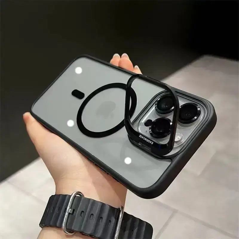 Luxury Magnetic Shockproof iPhone Case with Lens Protection, showcasing sleek design and secure grip in hand.