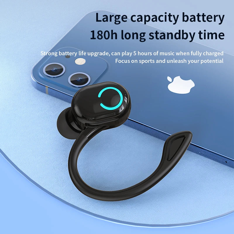 The VAORLO Bluetooth 5.2 Mini Headphone is shown with a black hook design on a blue smartphone, featuring noise cancelling, a large capacity battery with 180h standby time, and strong battery life offering 5 hours of music playtime. Its designed for sports performance and waterproof durability.