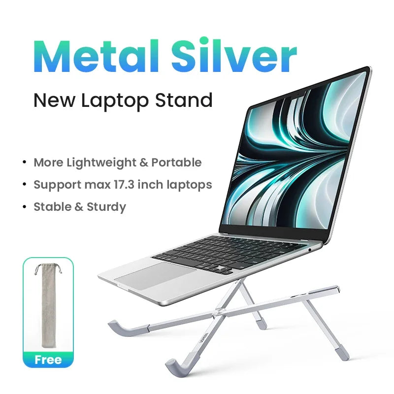 The UGREEN Laptop Stand - Adjustable Foldable Aluminum, shown supporting a laptop on a silver base, highlights its portable and lightweight design. It supports up to 17.3-inch laptops, offering stability and sturdiness with an ergonomic adjustable height and comes with a free carrying pouch image.
