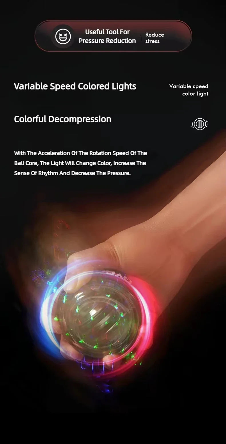 A hand holds a transparent Gyroscope Power Ball emitting colorful lights. Text above reads Useful Tool For Pressure Reduction, highlighting Variable Speed Colored Lights for stress relief and the Gyroscope Power Ball Forearm Strength Trainers benefits in strength training and decompression.