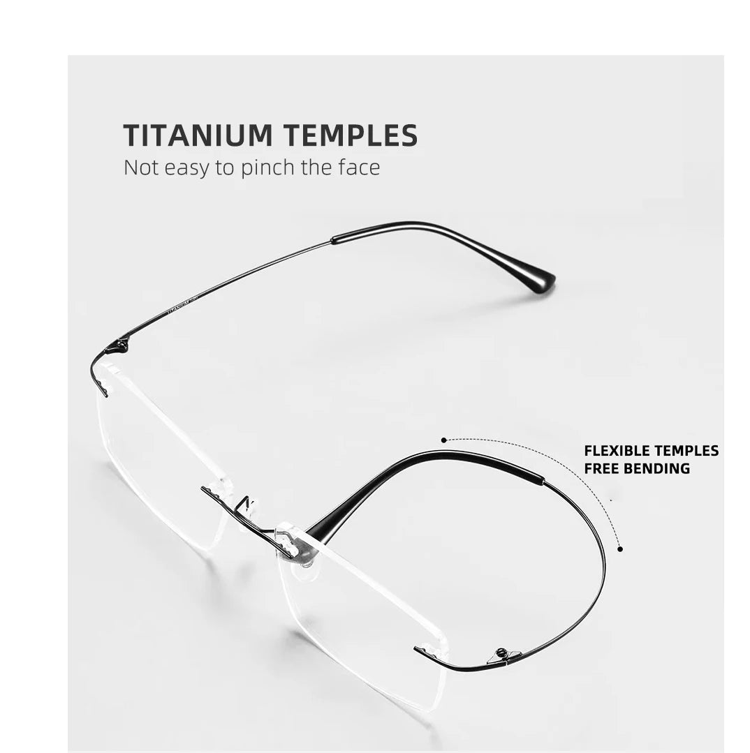 The YINSQER Titanium Rimless Reading Glasses feature titanium temples on a white backdrop. Text highlights: Flexible, face-friendly titanium design with scratch-resistant lenses, offering Free bending and lasting clarity. Perfect for blue light blocking.