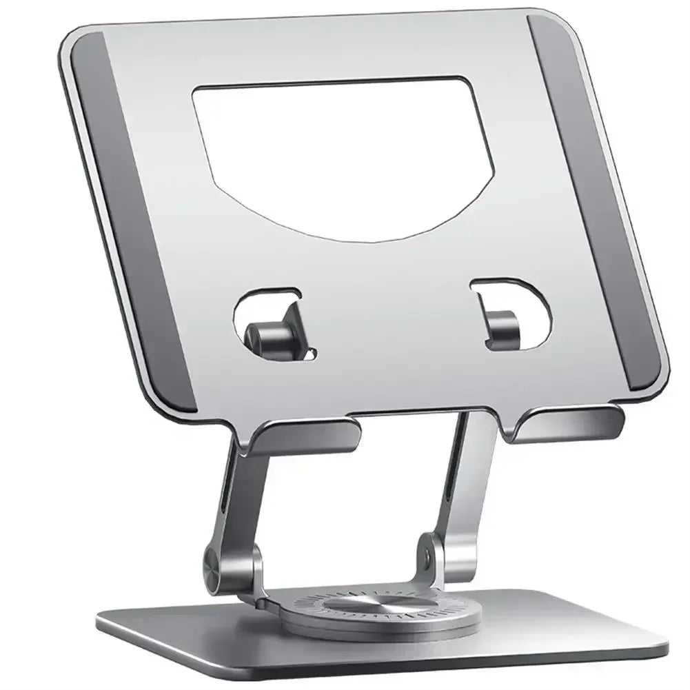 The Adjustable 360° Rotatable Tablet Stand for 4.7-12 Devices functions as a sleek aluminum holder with an adjustable rectangular backrest and leg supports, offering 360° rotation and height and angle adjustments on a sturdy base for versatile viewing.