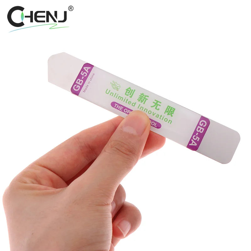 A hand holds a rectangular strip labeled GB-5A in purple, with Chinese characters and Unlimited Innovation and THE OPPOSITE SCHOOL. The CHENJ brand is prominent at the top, featuring Free Shipping. Its part of the 7pcs Metal Spudger Kit for Easy Phone Repairs.