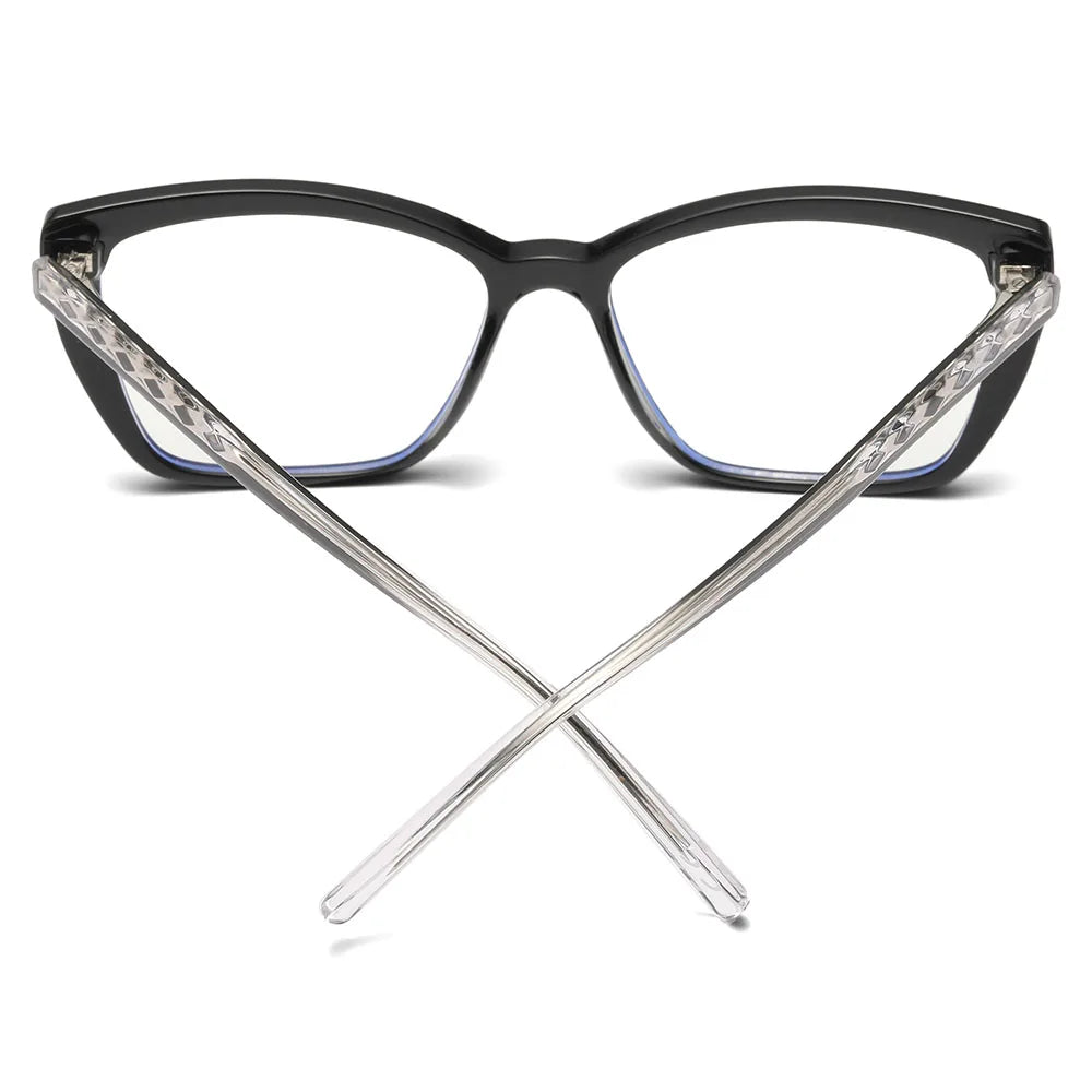 The AABV Womens Cat Eye Bifocal Reading Glasses, featuring black rectangular frames with clear crisscrossed arms and transparent lenses, are showcased against a white background.