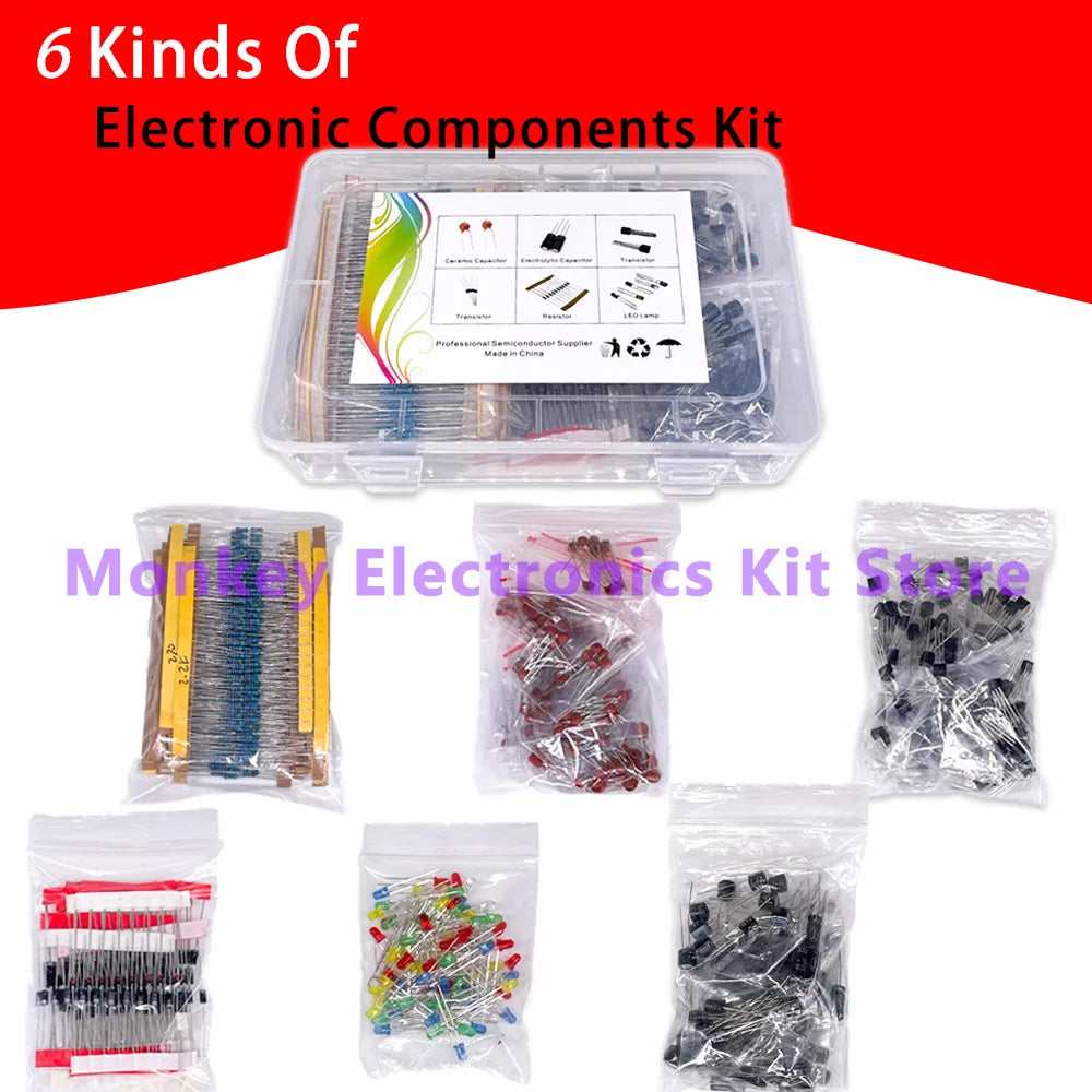A 6-in-1 component kit for mobile repairs from Monkey Electronics Kit Store, featuring six types of components in plastic bags and a transparent box on a white background. Product Name: NoEnName_Null 6-in-1 Component Kit.