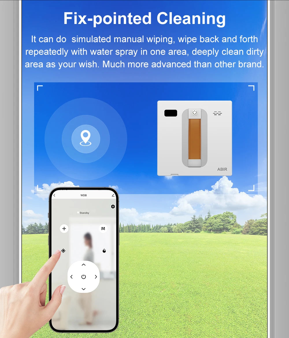 A person controls the ABIR WD8 Robot Window Vacuum, equipped with dual spray and laser sensor, using their smartphone. The poster text Fix-pointed Cleaning emphasizes smart home integration against a backdrop of a grassy field under a clear blue sky.