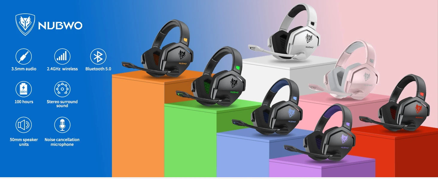 A promotional image for the NUBWO G06 Dual Wireless Headset with Active Noise Cancelling features vibrant platforms and highlights a spectrum of colors, 2.4GHz wireless, Bluetooth 5.0, a remarkable 100-hour battery life, stereo to surround sound conversion, 50mm speaker units, and an active noise-canceling mic.