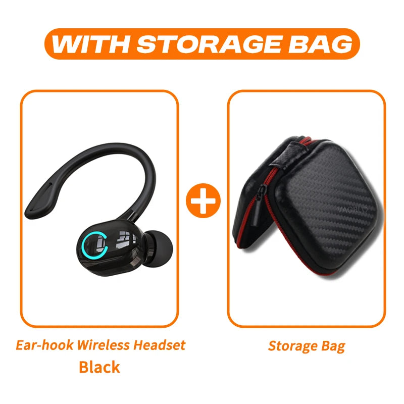 An image features a sleek black VAORLO Bluetooth 5.2 mini ear-hook wireless headset and a waterproof black storage bag with a striking red zipper. The headline WITH STORAGE BAG appears in orange, with labels detailing the items.