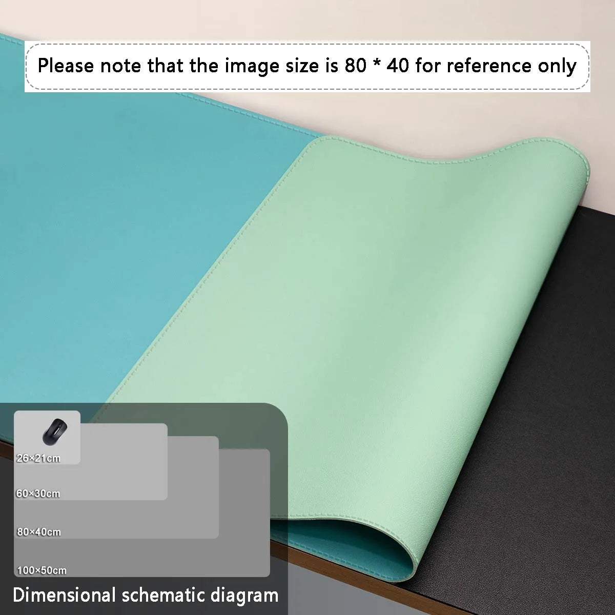 A stylish waterproof AIPHY Large PU Leather Mouse Pad, partially unrolled on a black and white surface in green and teal. A labeled diagram shows sizes: 26x21cm, 60x30cm, 80x40cm, 100x50cm. The current image highlights the 80x40cm mat.