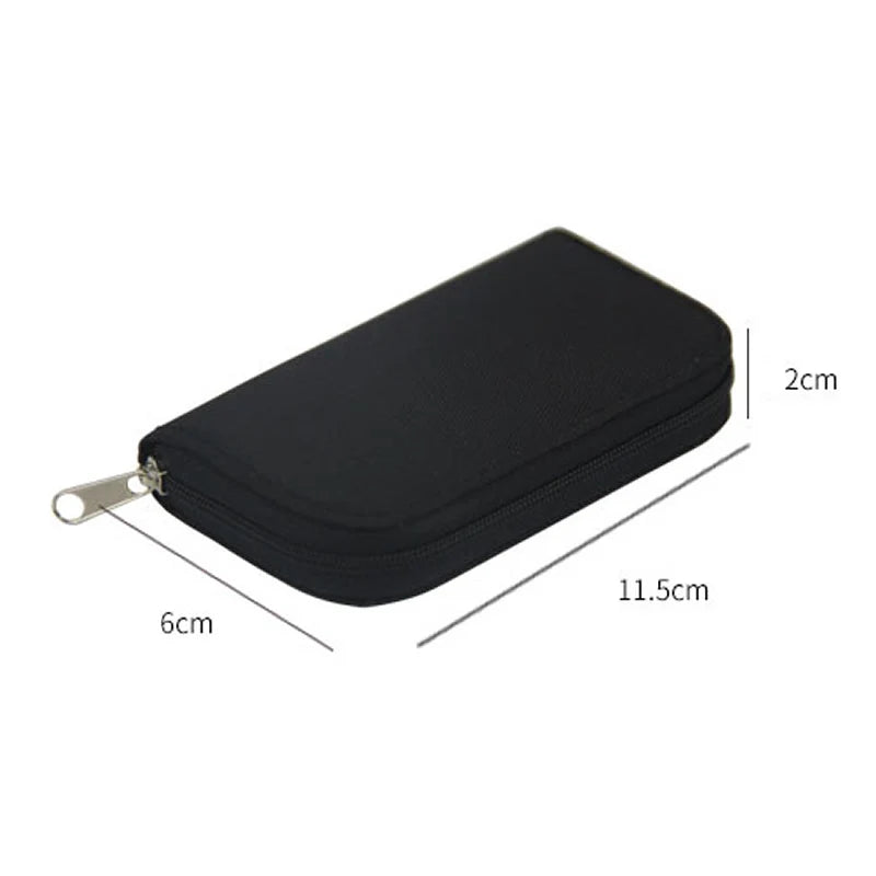 The NoEnName Memory Card Collect Bag is a black, water-repellent zippered pouch with 22 slots for SD cards, measuring 11.5 x 6 x 2 cm, displayed on a white background.