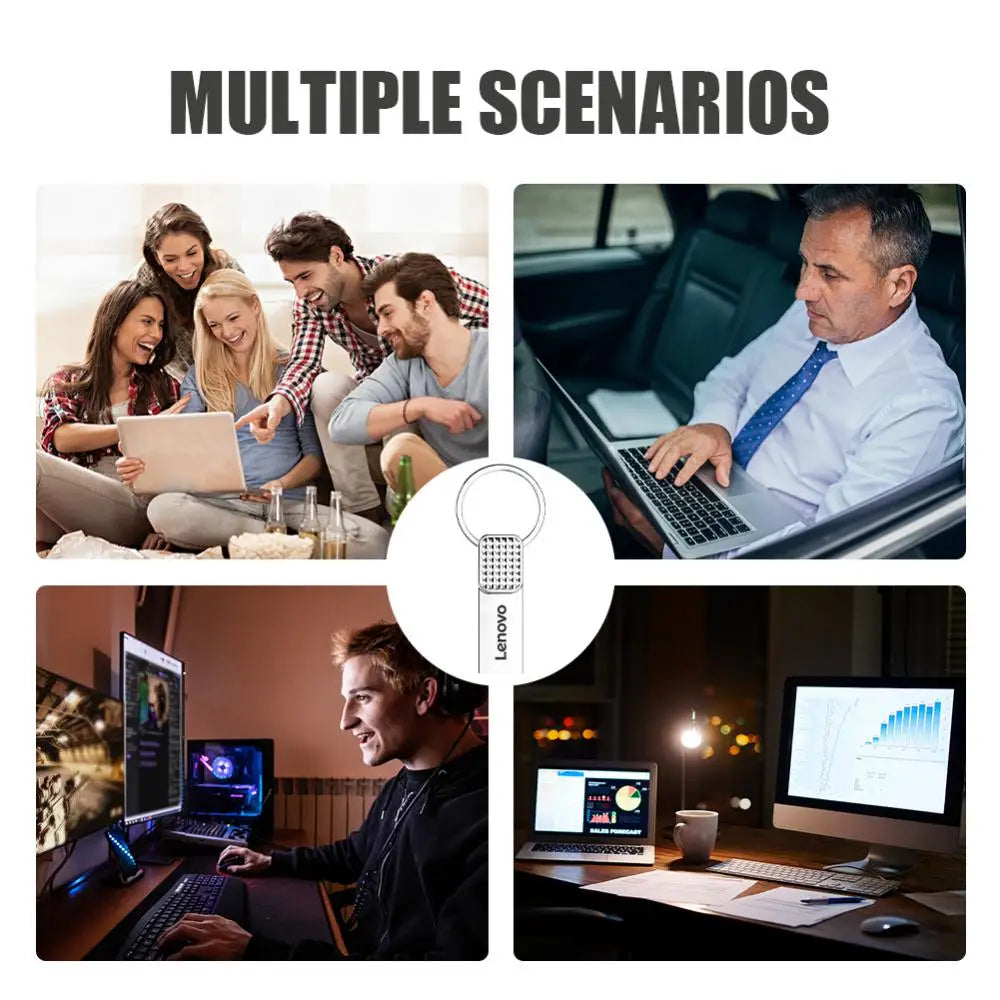 Collage: group admiring a Lenovo 2TB USB 3.0 OTG Pen Drive, a person working on a laptop in a car, a man at his desktop, and screens showing graphs. Text reads Multiple Scenarios with High-Speed Metal Flash Drive with a small lock icon.