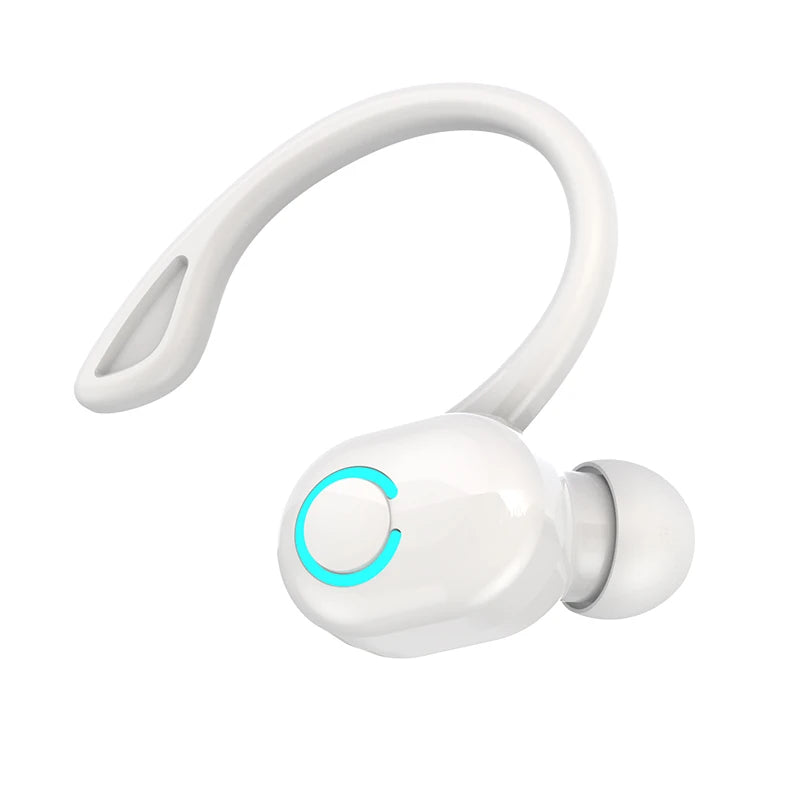 The VAORLO Bluetooth 5.2 Mini Headphone features a white wireless earbud with a curved hook for secure fit, blue LED indicator, noise-cancelling technology, and a sleek design against a white background. Designed for comfort, it offers Bluetooth 5.2 connectivity and is waterproof too.