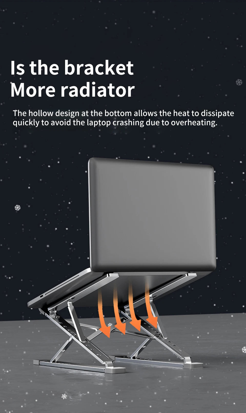 An adjustable aluminum laptop stand with an ergonomic design and hollow structure for effective heat dissipation sits atop a folding base. The dark background with snowflakes features the text: Is the bracket more radiator? emphasizing its comfort and heat prevention features.