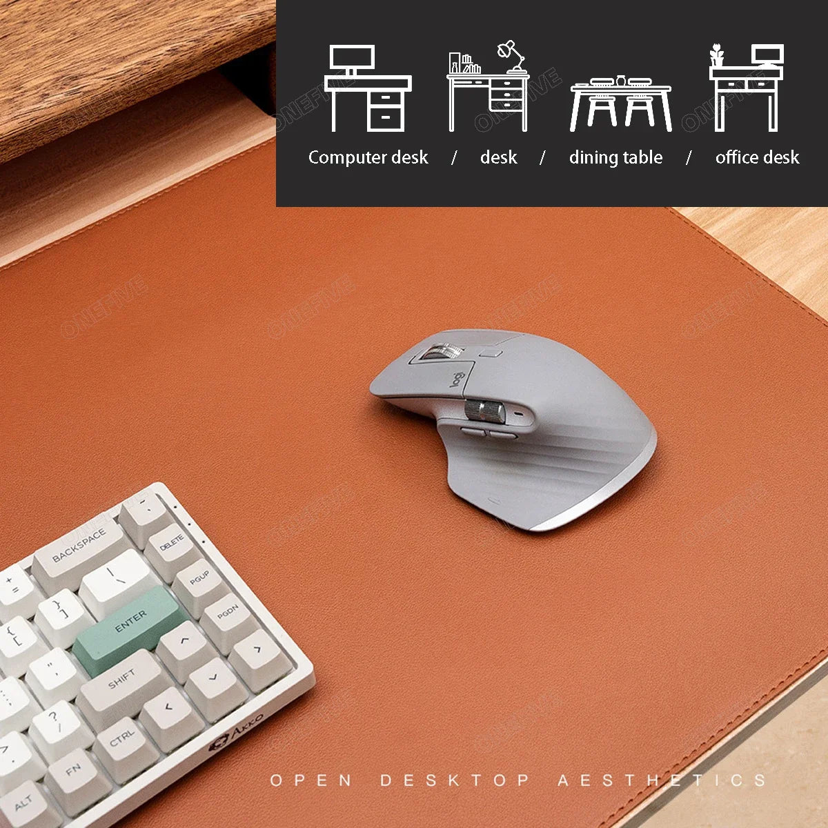 A minimalist workspace highlights a gray wireless mouse and a mechanical keyboard with white and gray keys on an AIPHY Large PU Leather Mouse Pad, a stylish waterproof mat. Above, text and simple line art depict four desk types: computer, regular, dining, and office.
