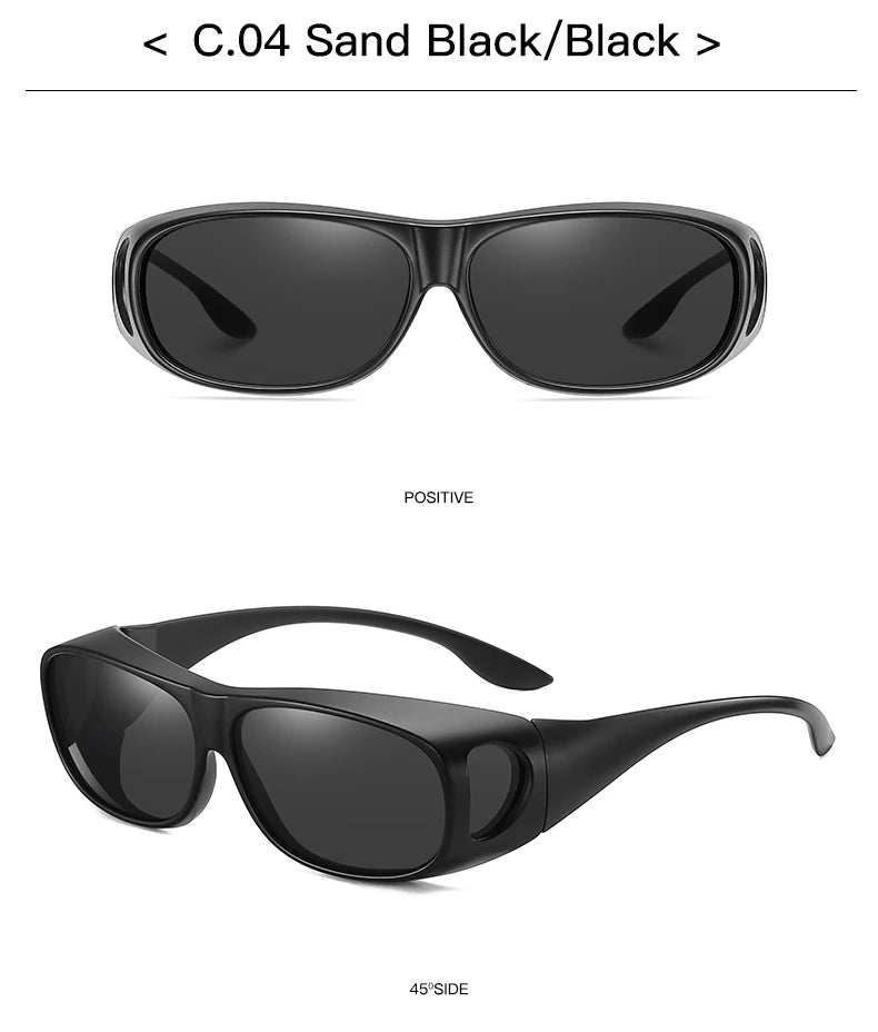 The MOKDUFF Polarized Sunglasses feature a sleek wraparound design in C.04 Sand Black/Black, shown in front and 45-degree views. They have smoked lenses, a matte finish, and offer UV400 protection.