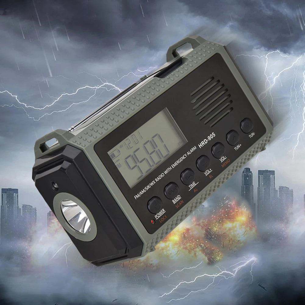 Meet the APWIKOGER 10,000mAh Solar Hand Crank Emergency Radio featuring a digital display, various buttons, SOS function, and flashlight. Set against a stormy sky with city explosions, this multi-band radio keeps you ready for any emergency.