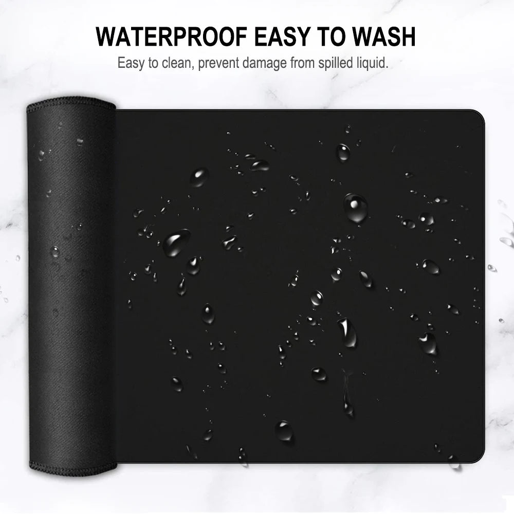 Meet the Ziyoulang Large Mouse Pad (800x300mm), featuring stitched edges for durability. Its black, rollable design with water droplets emphasizes its waterproof nature, making it easy to clean and protecting against spills. Text says: WATERPROOF EASY TO WASH - Easy to clean, protects from spills.