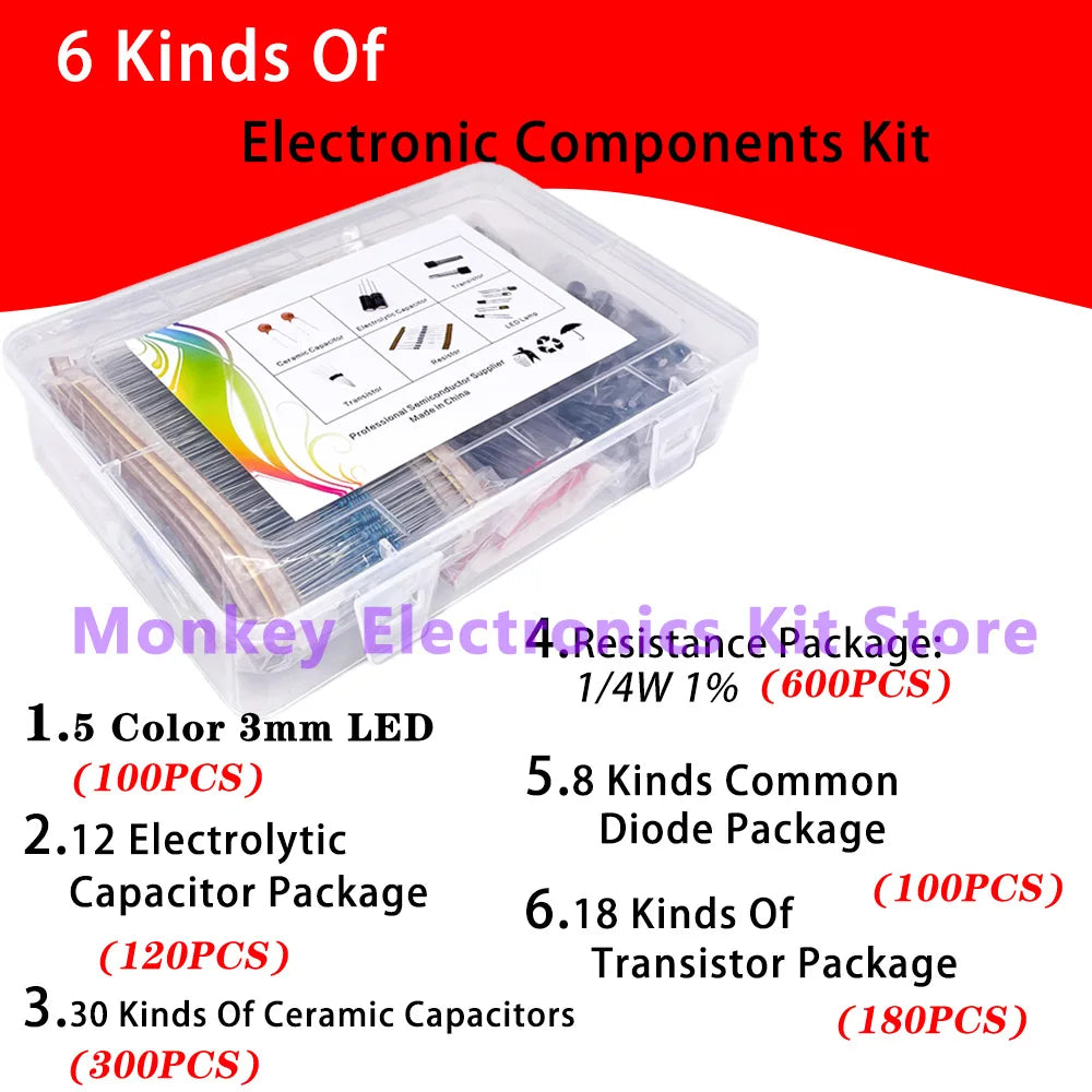 Image of the NoEnName_Null 6-in-1 Component Kit from Monkey Electronics Kit Store, ideal for DIY mobile repairs, includes LEDs, capacitors, resistors, diodes, transistors, and ceramic capacitors with detailed quantities.