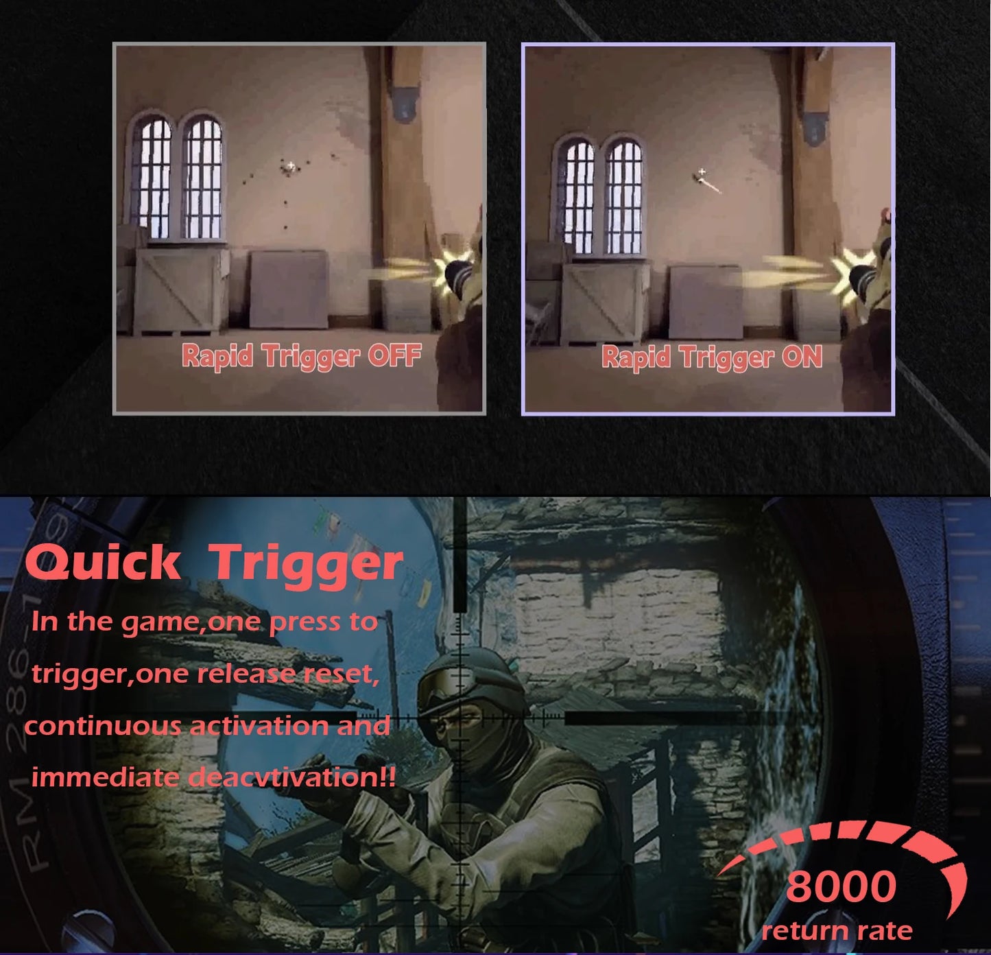 Comparison of Rapid Trigger OFF and ON during gameplay with unique firing outcomes, set against a vivid gaming backdrop. Features include Quick Trigger details, an 8K Return Rate graph, and RGB Lighting on the Raven68 Magnetic Keyboard.